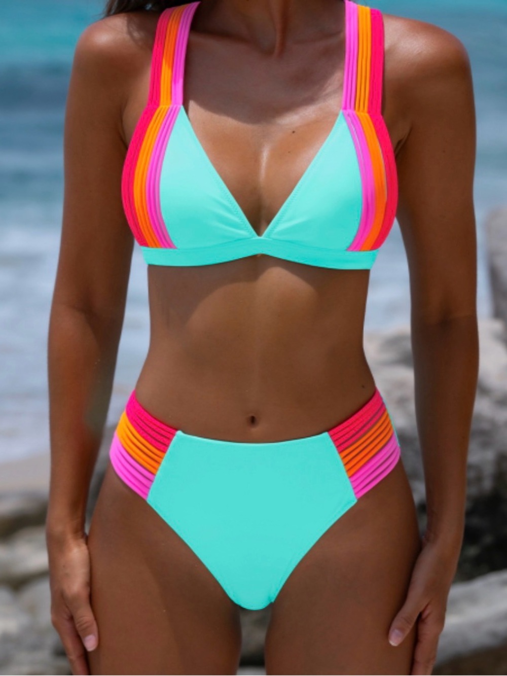 Turquoise Color Block Cross-Back Bikini Set - NWT